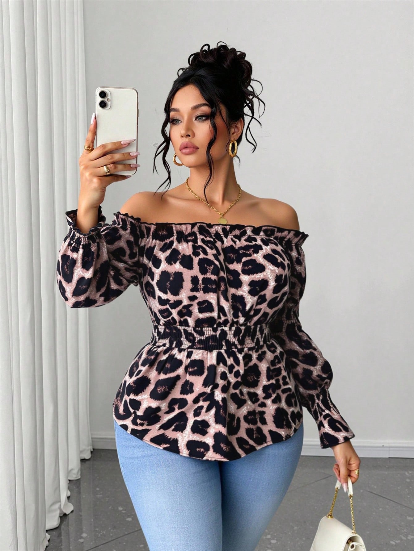 Women'S Formal Wear Blouse - Plus Size Women Leopard Print Ruffled