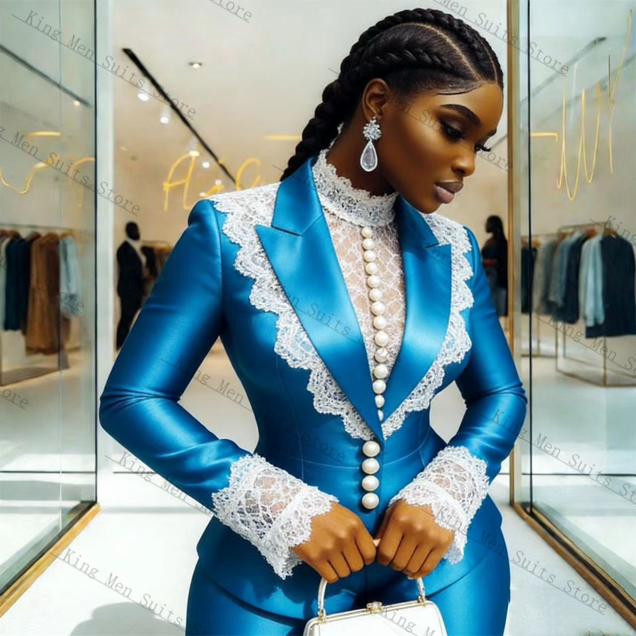 Blue Satin Lace Women Suit Set - Women Formal Wear Coat review and price